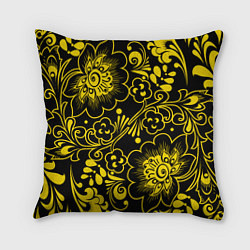 Подушка квадратная Хохломская роспись золотые цветы на чёроном фоне, цвет: 3D-принт