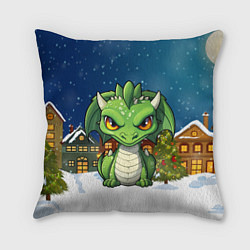Подушка квадратная Зеленый дракон на фоне города, цвет: 3D-принт