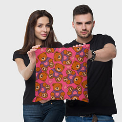 Подушка квадратная Мишки игрушки в розовых свитерах и сердечки, цвет: 3D-принт — фото 2
