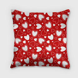 Подушка квадратная Паттерн белые сердечки на красном фоне, цвет: 3D-принт