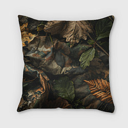 Подушка квадратная Реалистичный охотничий камуфляж из ткани и листьев