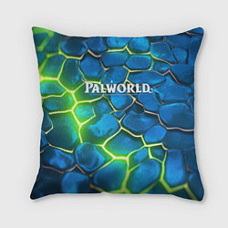 Подушка квадратная Palworld логотип на ярких зеленых неоновых плитах