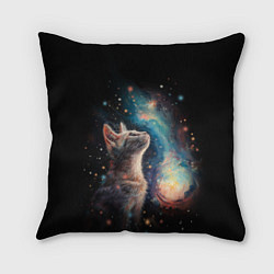 Подушка квадратная Котик смотрит на небо космоса, цвет: 3D-принт