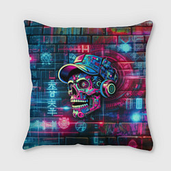 Подушка квадратная Кибер чувак череп на фоне граффити - нейросеть, цвет: 3D-принт