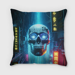 Подушка квадратная Cyber skull - neon glow ai art