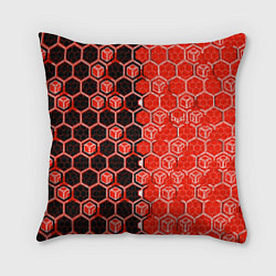 Подушка квадратная Техно-киберпанк шестиугольники красный и чёрный