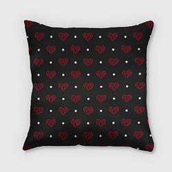 Подушка квадратная Красные сердечки и белые точки на черном, цвет: 3D-принт