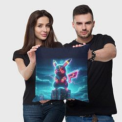 Подушка квадратная Пикадзила на крыше небоскрёба - неоновое свечение:, цвет: 3D-принт — фото 2