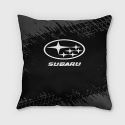 Подушка квадратная Subaru speed на темном фоне со следами шин