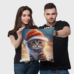 Подушка квадратная Новогодний котенок в шапочке, цвет: 3D-принт — фото 2
