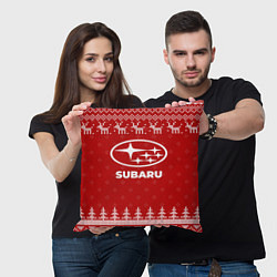 Подушка квадратная Новогодний Subaru с оленями, цвет: 3D-принт — фото 2