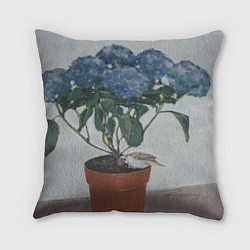 Подушка квадратная Спящий воробушек на гортензии