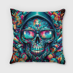 Подушка квадратная Кибер череп в балахоне и очках - нейроарт фантазия, цвет: 3D-принт