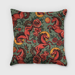 Подушка квадратная Красный конь и розы