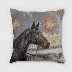 Подушка квадратная Конь на фоне салюта