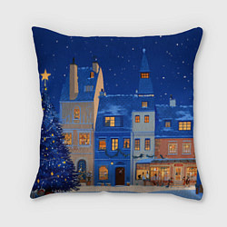 Подушка квадратная Синяя новогодняя елочка во дворе, цвет: 3D-принт