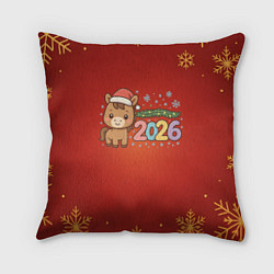 Подушка квадратная Новогодняя лошадка 2026 на красном фоне, цвет: 3D-принт