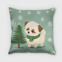 Подушка квадратная Новогодний песик с елочкой, цвет: 3D-принт