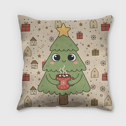 Подушка квадратная Новогодняя елочка с горячим шоколадом