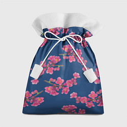Подарочный мешок Веточки айвы с розовыми цветами на синем фоне