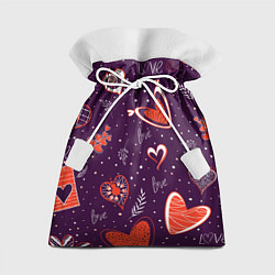 Мешок для подарков Красно-белые сердечки и слово love на темно фиолет, цвет: 3D-принт