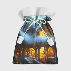 Мешок для подарков Новогодний коттедж с гирляндами в заснеженном лесу, цвет: 3D-принт