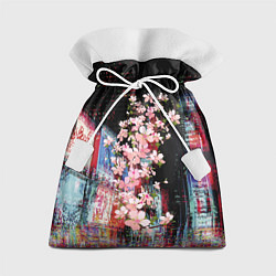 Мешок для подарков Ветка сакуры на фоне ночного Токио - glitch, цвет: 3D-принт