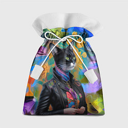 Мешок для подарков Модная кошечка в кожаной куртке - нейросеть, цвет: 3D-принт