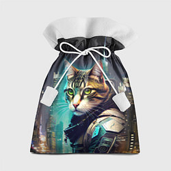 Подарочный мешок Котяра в стиле киберпанк на фоне ночного города