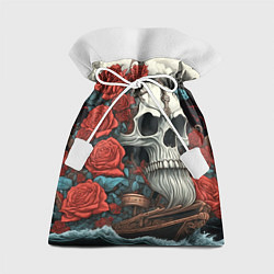 Подарочный мешок Череп викинга на корабле с розами в стиле тату ире