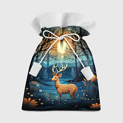 Мешок для подарков Олень в ночном лесу фолк-арт, цвет: 3D-принт