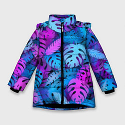 Куртка зимняя для девочки Сине-розовые тропики, цвет: 3D-черный
