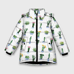 Куртка зимняя для девочки Кактусы, цвет: 3D-черный