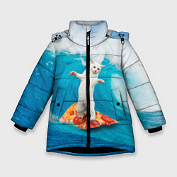 Куртка зимняя для девочки Кот-серфер, цвет: 3D-черный
