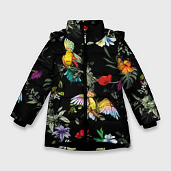 Куртка зимняя для девочки Попугаи, цвет: 3D-черный
