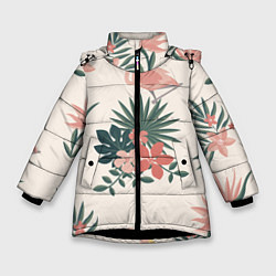 Куртка зимняя для девочки Розовый фламинго и цветы, цвет: 3D-черный