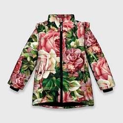 Куртка зимняя для девочки ЦВЕТЫ, цвет: 3D-черный