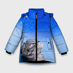 Куртка зимняя для девочки Кот и космос, цвет: 3D-черный