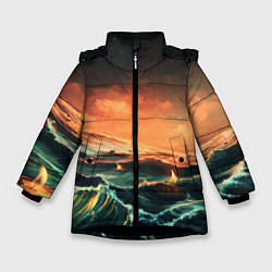 Куртка зимняя для девочки Фэнтези море корабли закат, цвет: 3D-черный