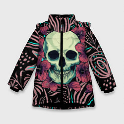 Куртка зимняя для девочки Череп в цветах, цвет: 3D-черный