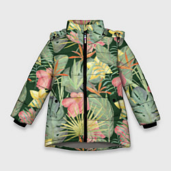 Куртка зимняя для девочки Тропические растения и цветы, цвет: 3D-светло-серый