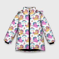 Куртка зимняя для девочки Цветные Единорожки Паттерн, цвет: 3D-черный