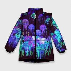 Куртка зимняя для девочки Неоновые медузы, цвет: 3D-черный