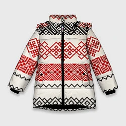Куртка зимняя для девочки Славянский узор красно-черный, цвет: 3D-черный
