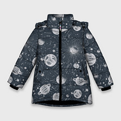Куртка зимняя для девочки Звезды, планеты и созвездия, цвет: 3D-черный