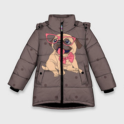 Куртка зимняя для девочки Мопс в очках, цвет: 3D-черный