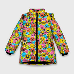 Куртка зимняя для девочки Смайлики, цвет: 3D-черный