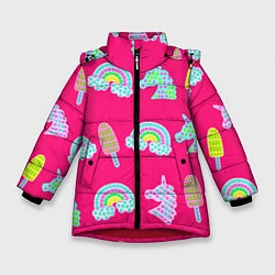 Куртка зимняя для девочки Pop it радуга и единорог, цвет: 3D-красный