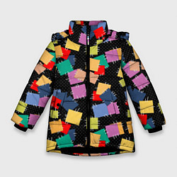 Куртка зимняя для девочки Заплатки на черном фоне, цвет: 3D-черный
