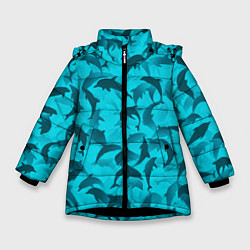 Куртка зимняя для девочки Синий камуфляж с дельфинами, цвет: 3D-черный